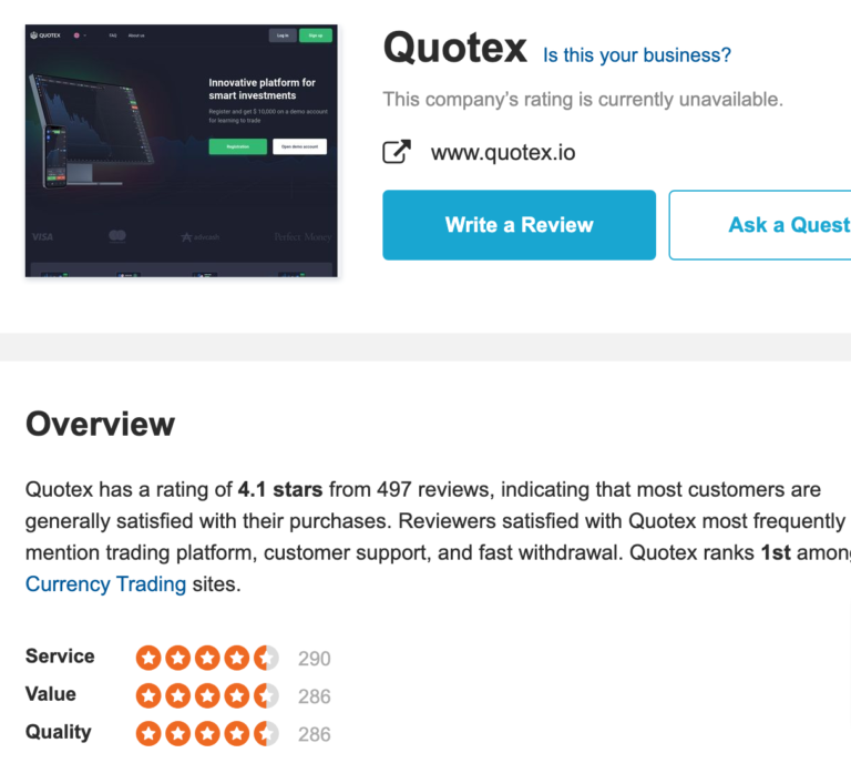 Quotex rating on Sitejabber