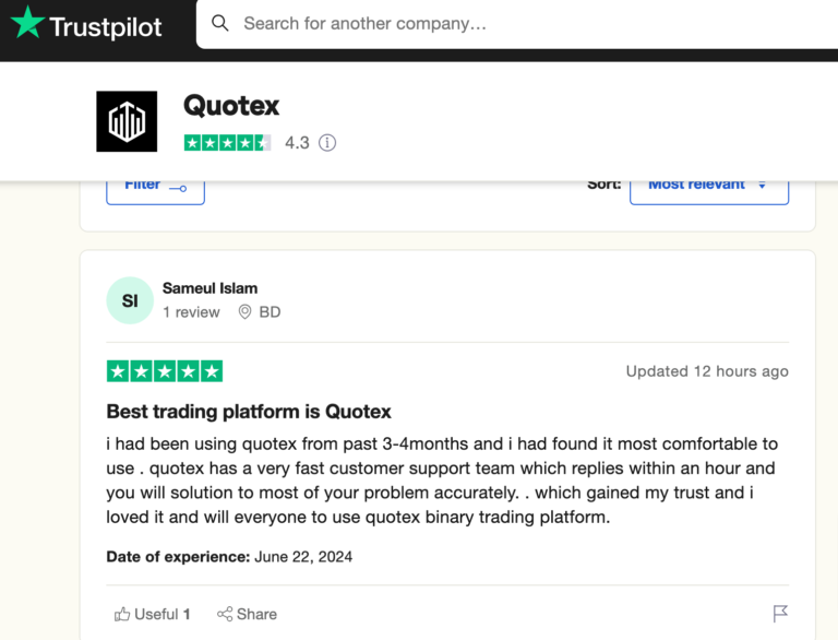 Quotex rating on Trustpilot
